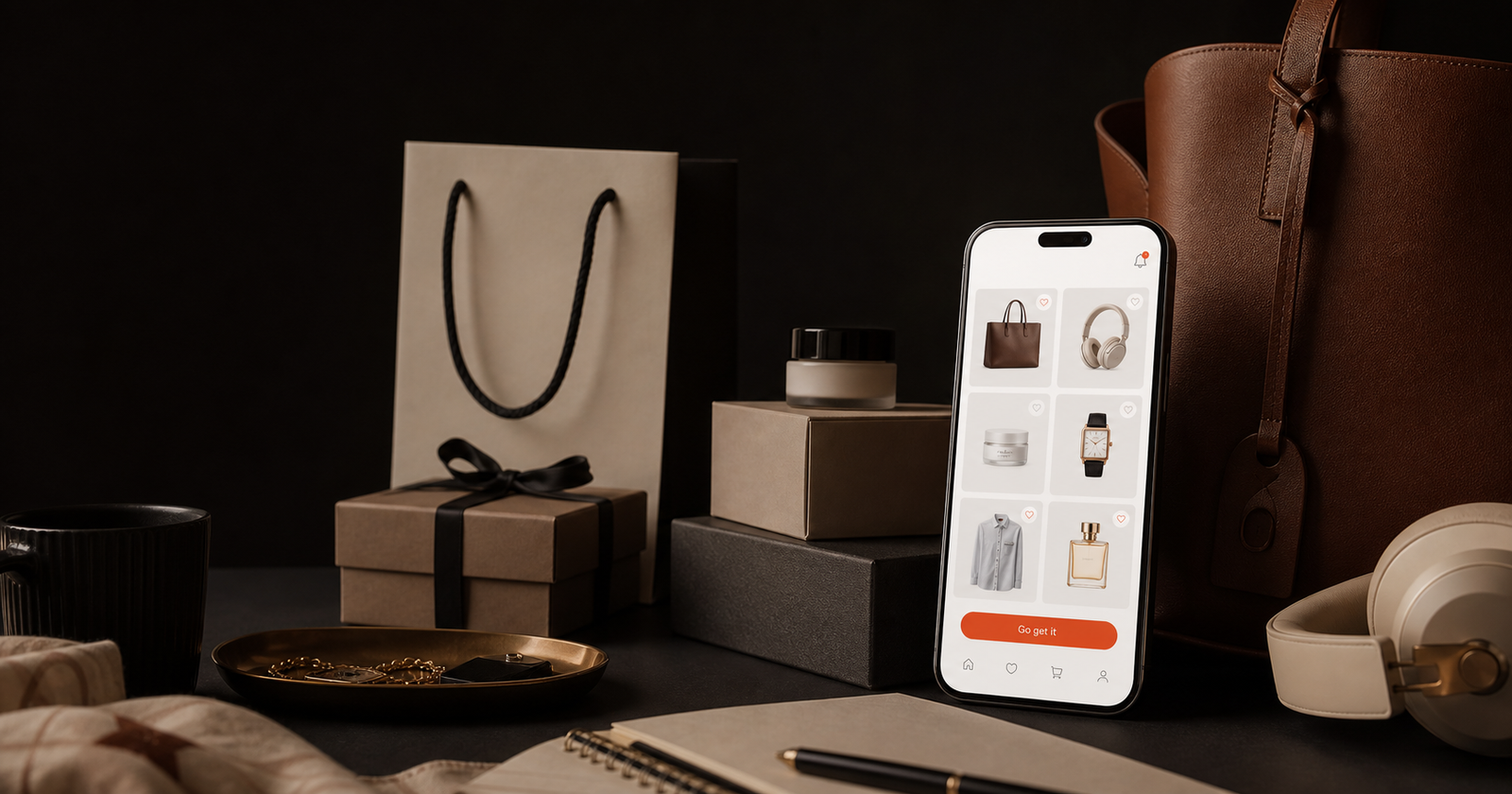 Premium Zire wishlist app shown with shopping parcels, headphones, skincare, and a leather tote