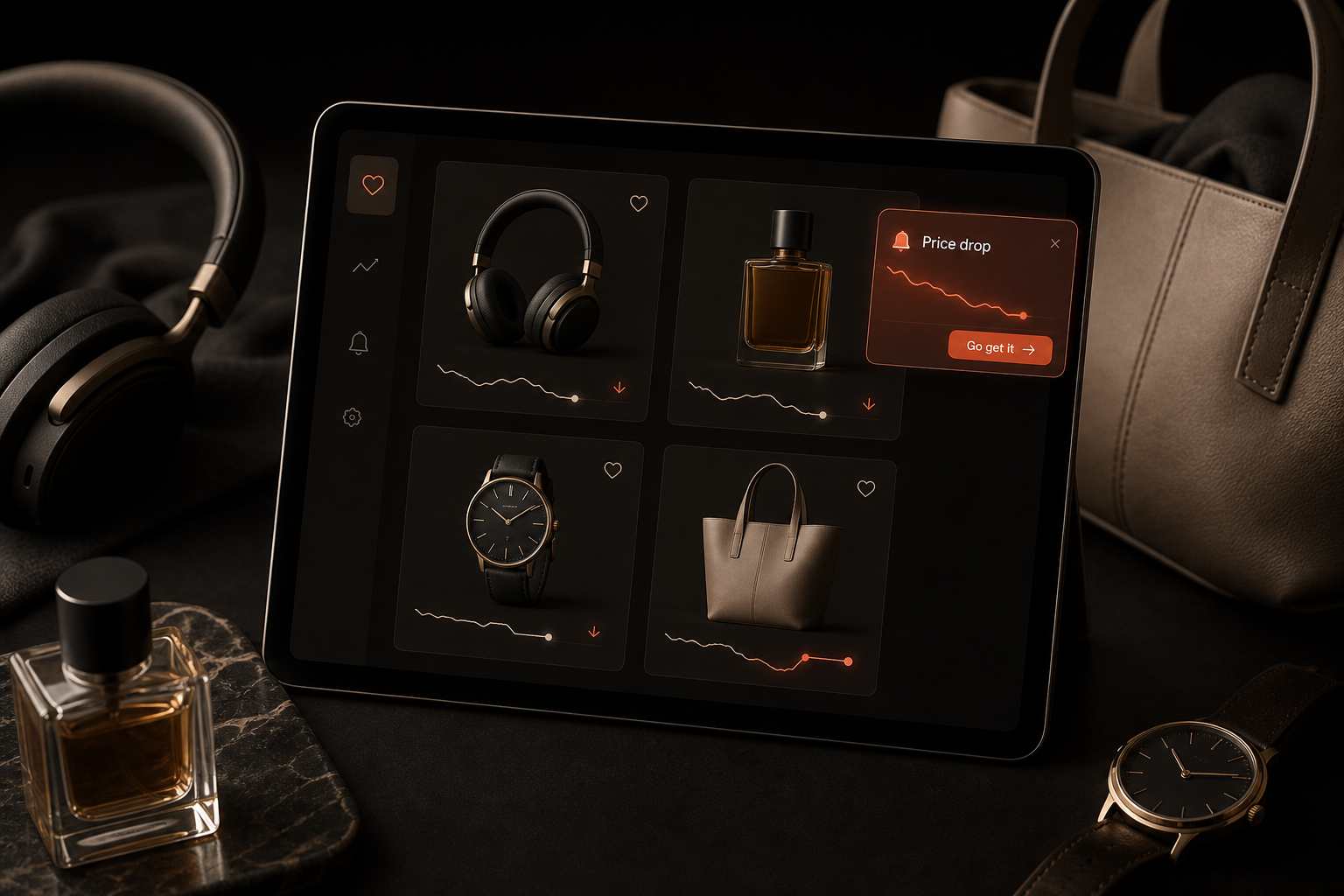 A dark premium Zire dashboard showing wishlist products with a subtle price drop signal