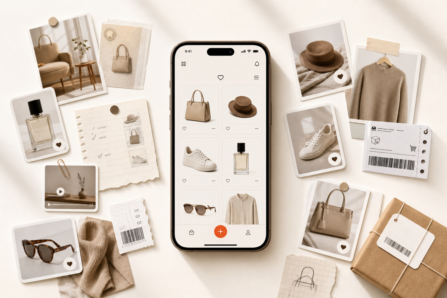 A clean Zire wishlist phone surrounded by product cards, notes, parcels, and saved shopping ideas